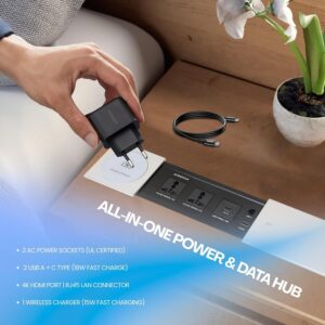 Table Box Wireless Compatible All Qi Enabled Device with 2 Power 2 USB A+C Type LAN Connector 4k HDMI Wireless Charger (Silver)