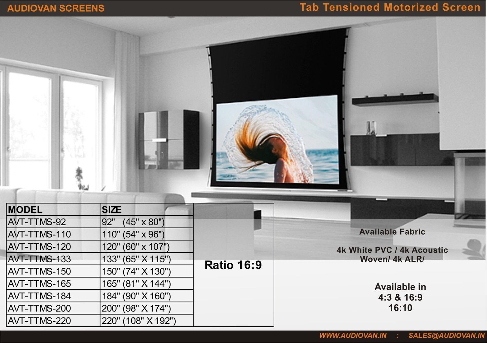 Audiovan Motorized Tab Tensioned Ceiling Screen with Tubular Motor 4k ...