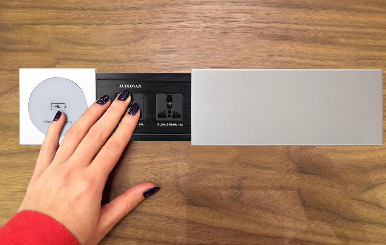 WhatsApp Image 2025-09-19 at 10.39.03 AM Audiovan Fast Charger Slider Wireless Conference Table Box Wireless Compatible All Qi Enabled Device with 2 Power 2 USB A+C Type LAN Connector 4k HDMI Wireless Charger